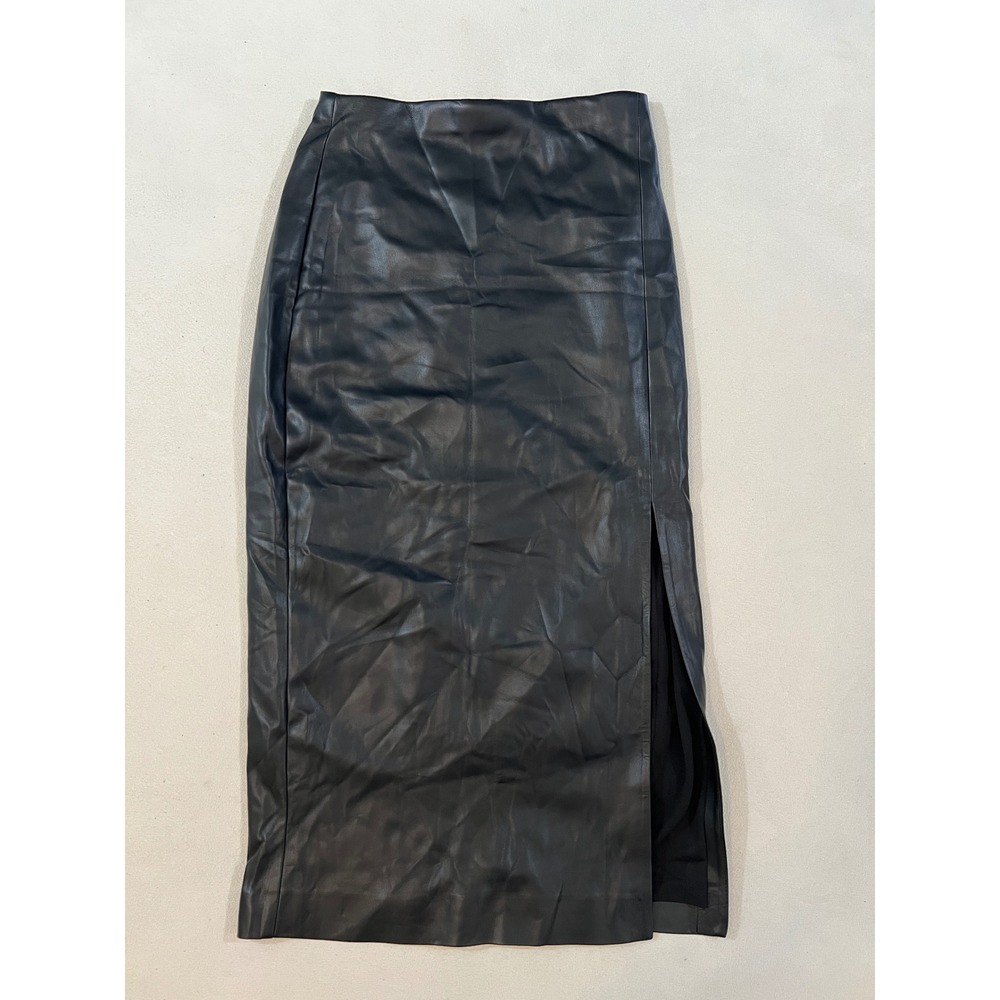 Express Black Faux Leather Midi Skirt Side Slit High Waisted XS Black RN 55285